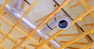 Detailed view showing how does ductwork work in a house with residential HVAC system components and air flow