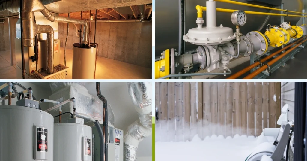 Collage showing different types of gas furnace systems and heating equipment for residential comparison