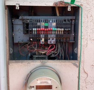 Exterior meter base exposed during Zinsco panel removal and 200-amp upgrade in San Jose California