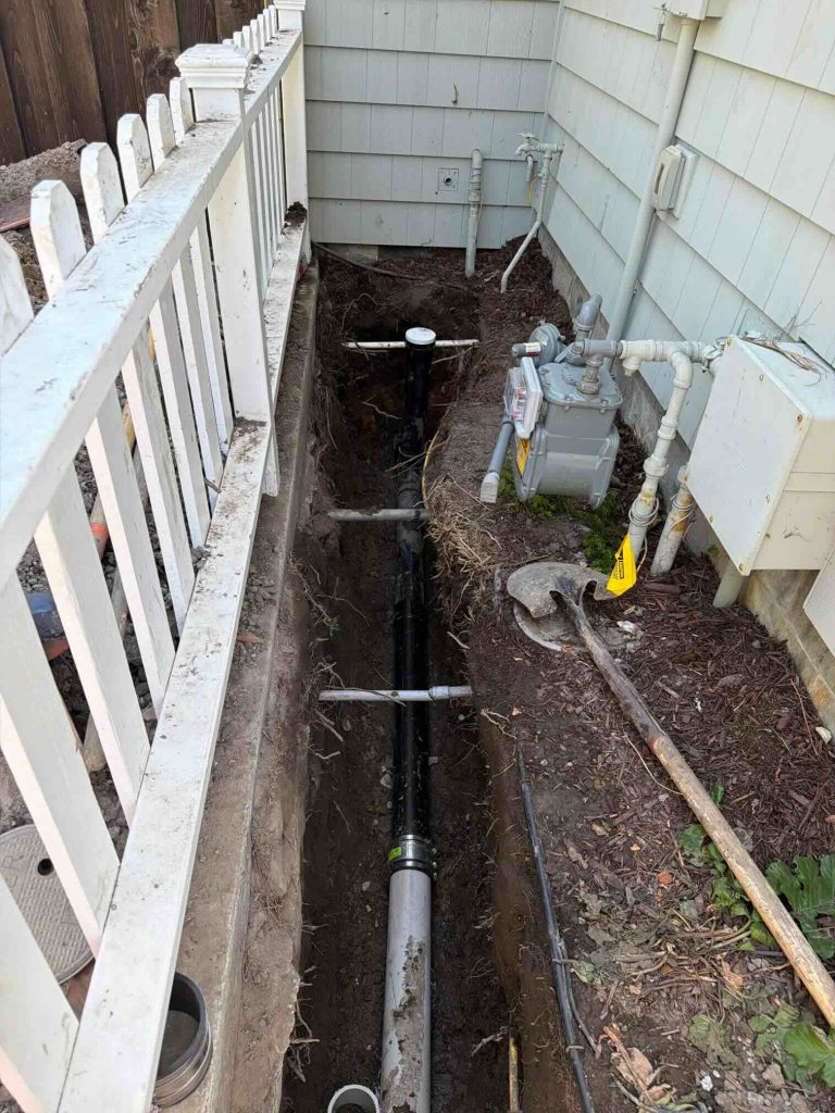Sewer lateral trench repair on a residential sidewalk in the Sebright neighborhood of Santa Cruz CA